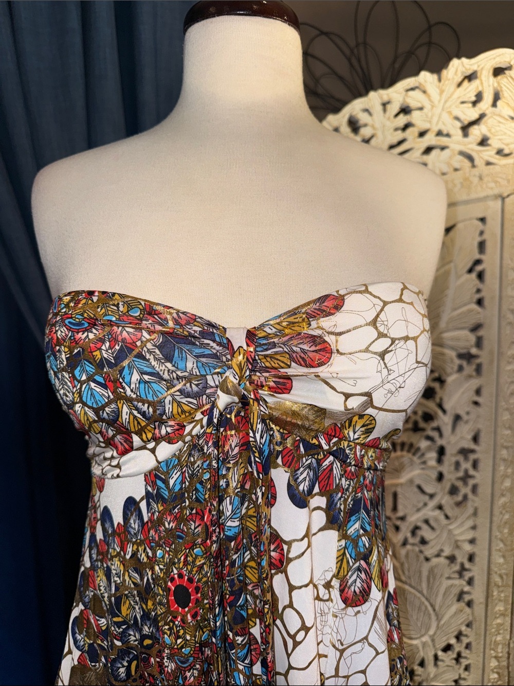 India Boutique White Halter Maxi Dress with Multicolor Floral Medallions